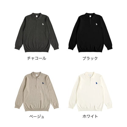 シュナウザーロゴ刺繍ハーフジップニットポロ